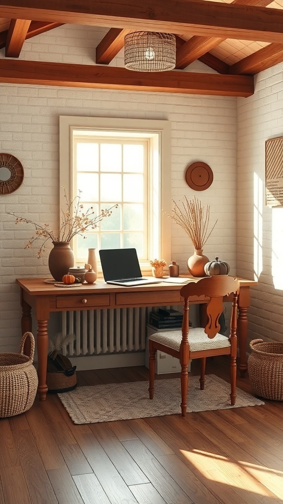 A cozy home office featuring a cocoa brown desk and dusty rose accents, with natural light illuminating the space.