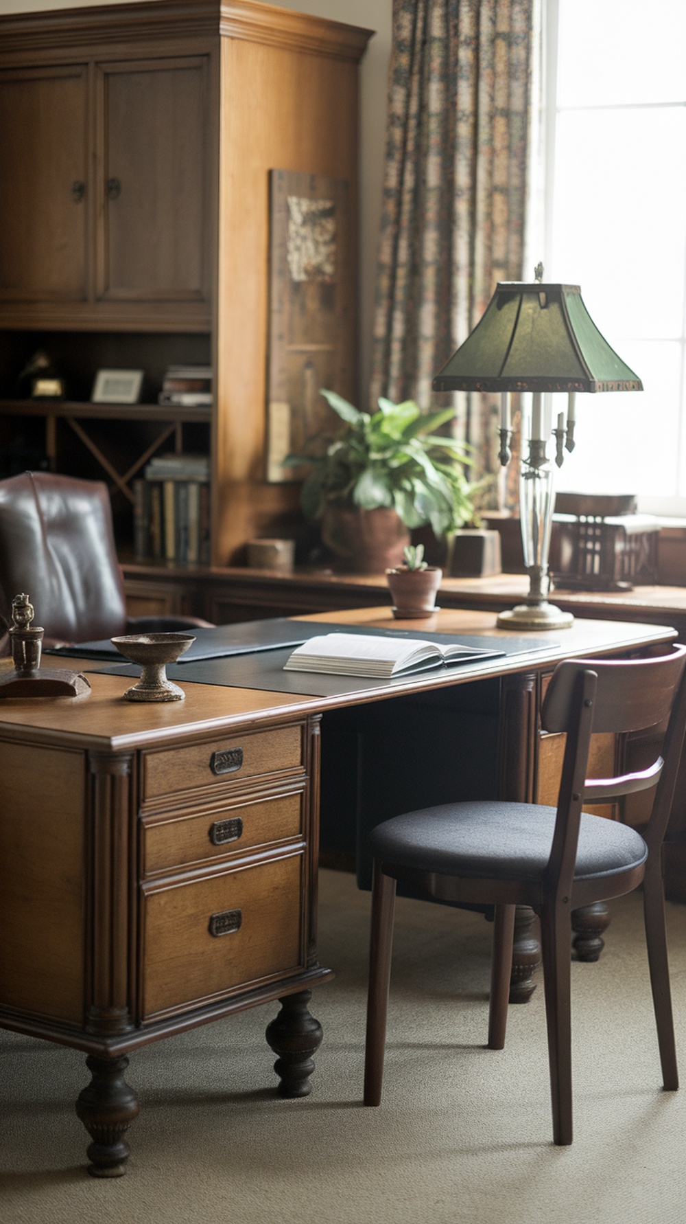 A vintage-style l shaped executive desk in an elegant office setting with rich wood tones and classic decor.