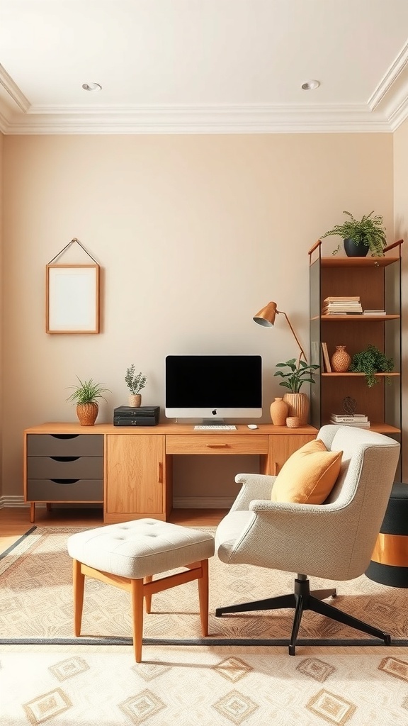 A cozy home office featuring beige walls, light wood furniture, and decorative plants.