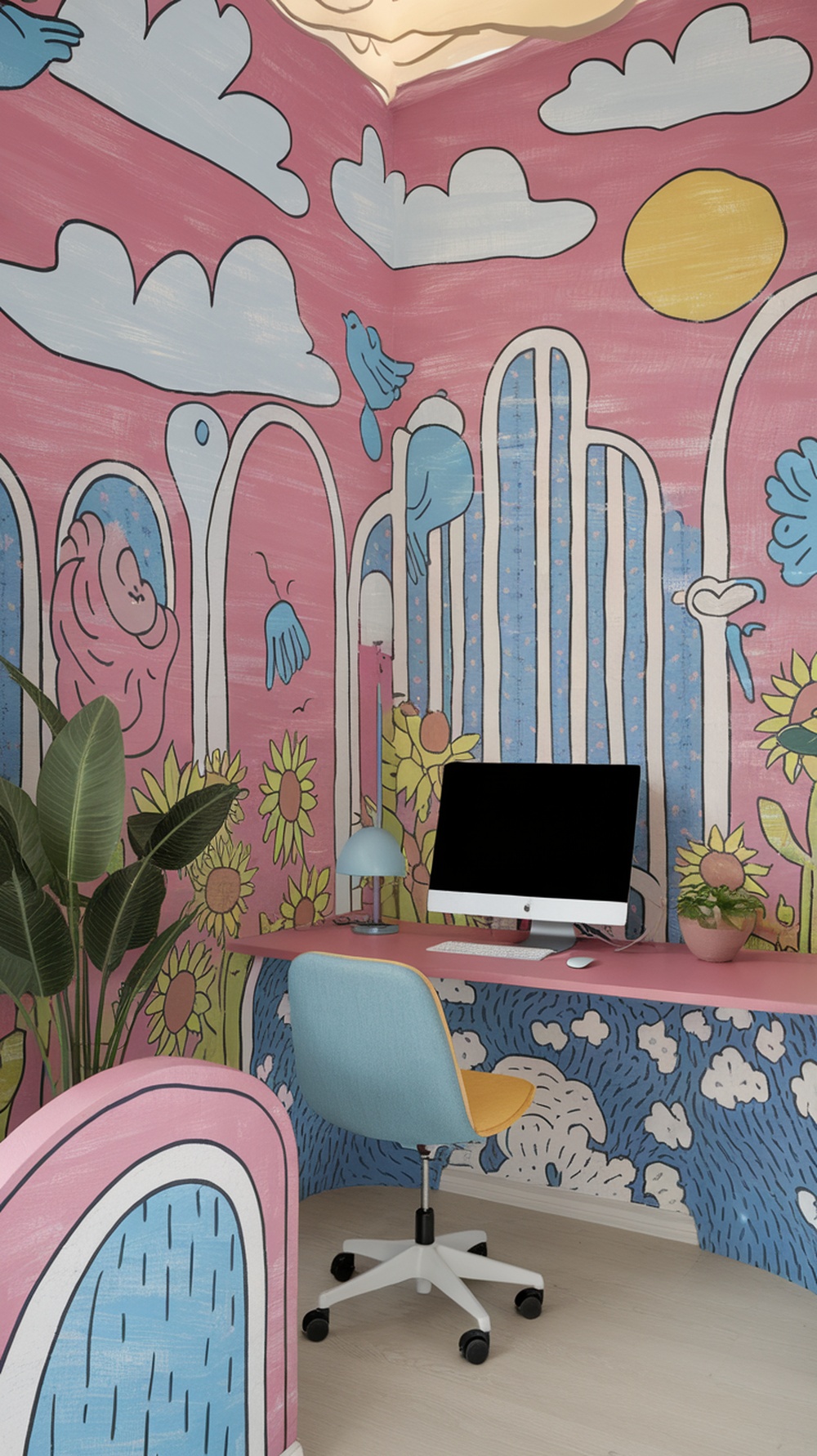 A colorful home office with whimsical wallpaper featuring clouds, birds, and flowers, complemented by a pastel desk and chair.