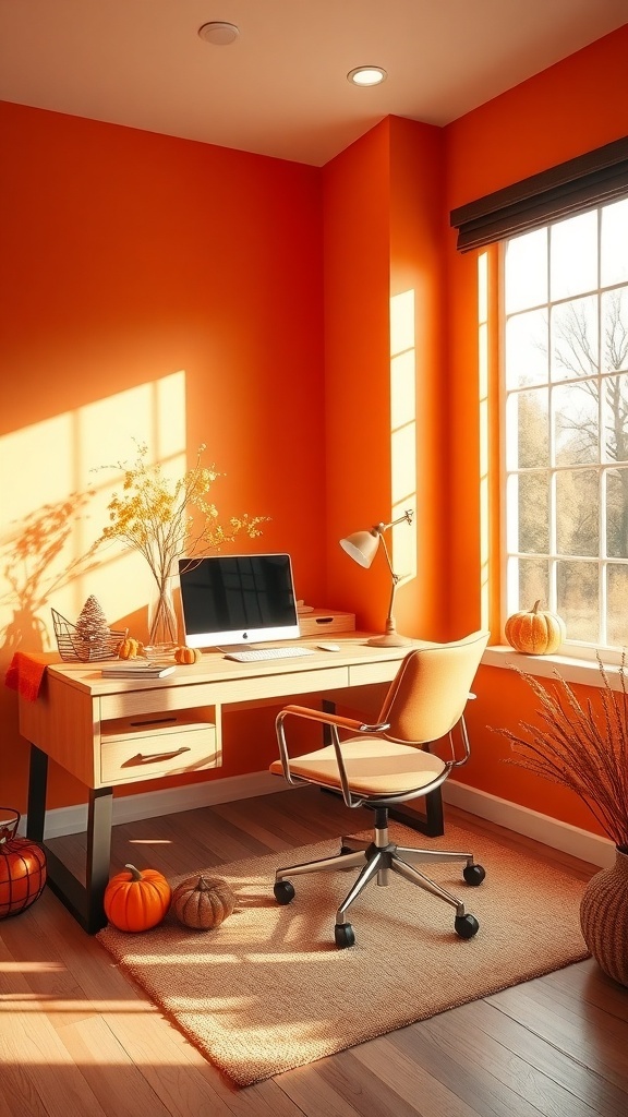 A cozy home office with burnt orange walls, a light wood desk, and decorative pumpkins.