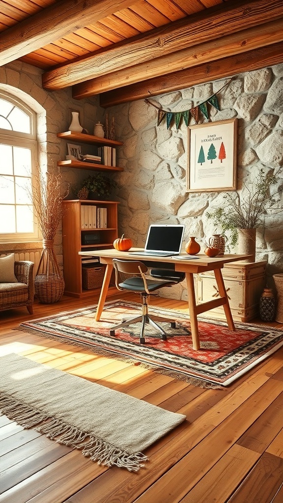 Cozy home office with layered rugs, wooden beams, and autumn decor
