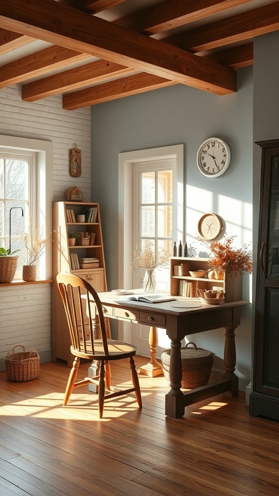 A cozy home office with soft blue walls and brown wooden furniture, featuring natural light and decorative plants.