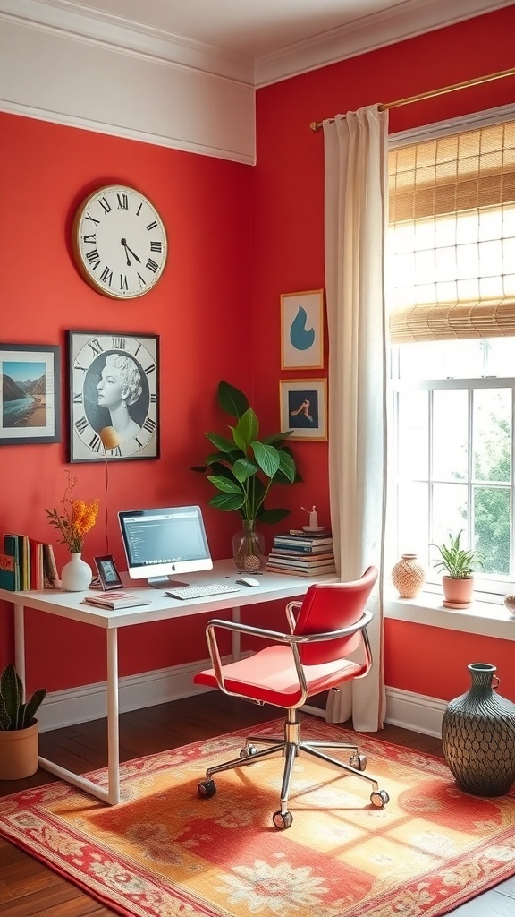 A bright home office with coral orange walls, wooden desk, and seasonal decor.