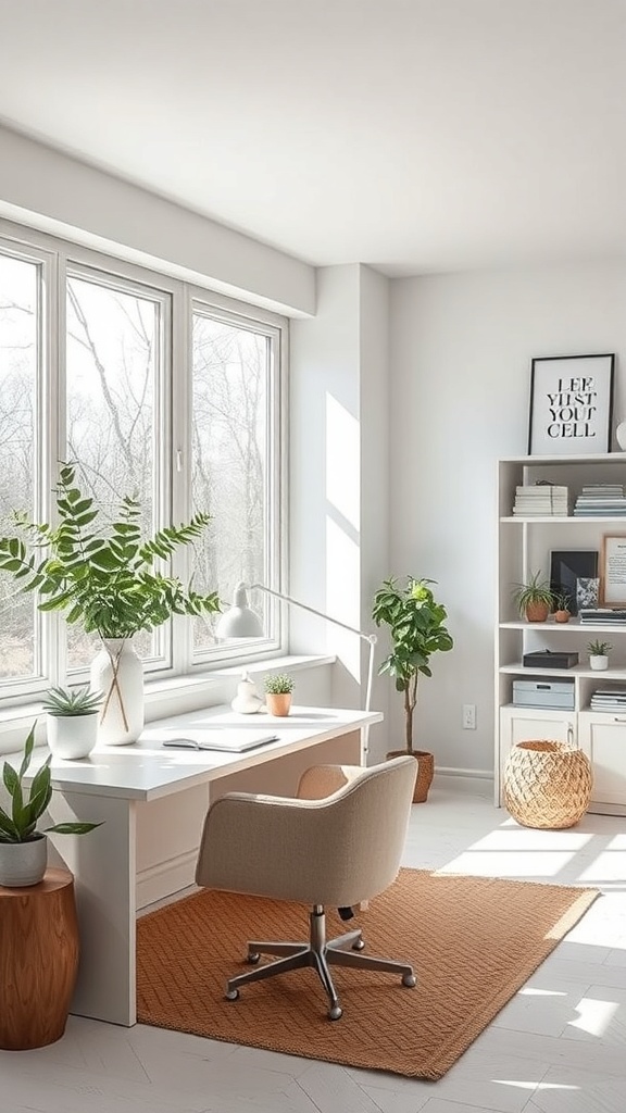 A bright and airy minimalist home office with large windows, a simple desk, and plants.