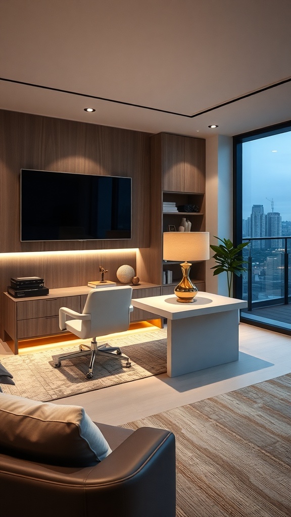 A modern minimalist home office with a sleek desk, computer, and plant.