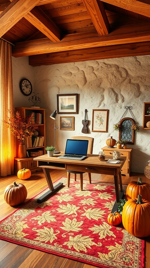 A cozy home office decorated for fall with pumpkins, a wooden desk, and family heirlooms.