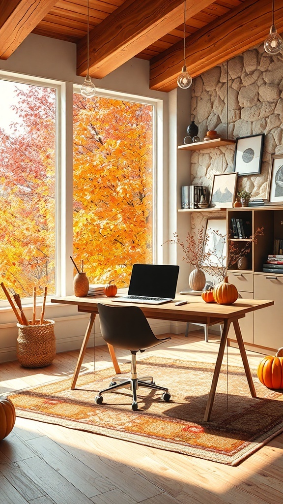 A cozy home office with large windows showcasing vibrant fall foliage, decorated with pumpkins and neutral decor.