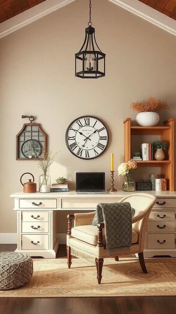 A cozy home office with a wooden desk, white chair, and natural light, featuring a rustic farmhouse style.