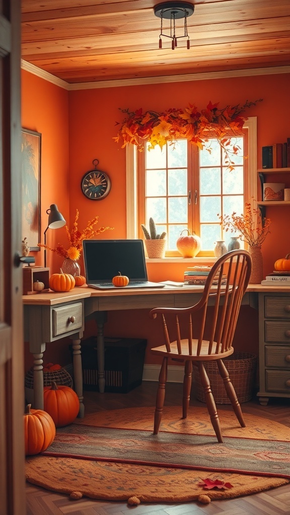 A cozy home office with rustic orange walls, a wooden desk, and autumn decorations.