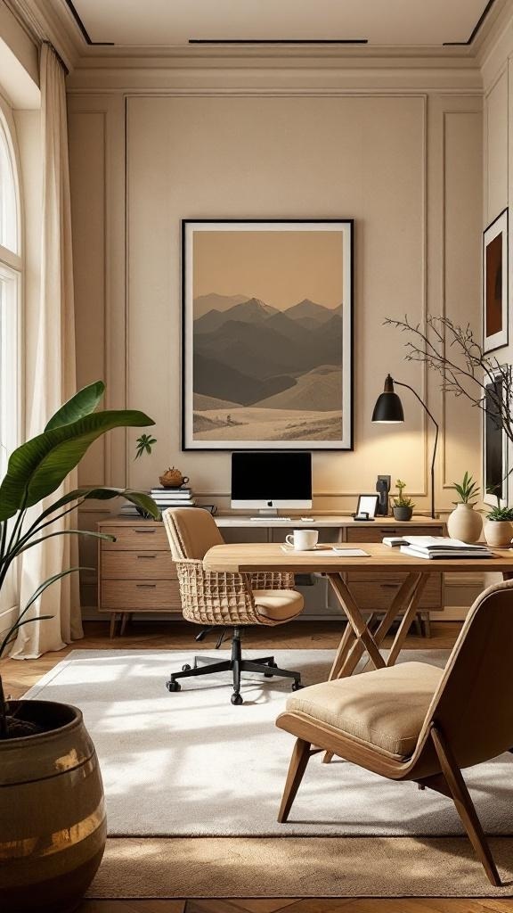 A cozy home office with earthy sand colors, featuring a wooden desk, chair, and decorative elements.
