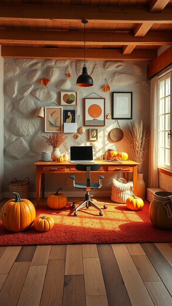 A cozy home office decorated for fall with pumpkins and warm tones.