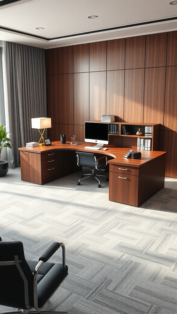 Modern L shaped executive desk with a return in an executive office setting