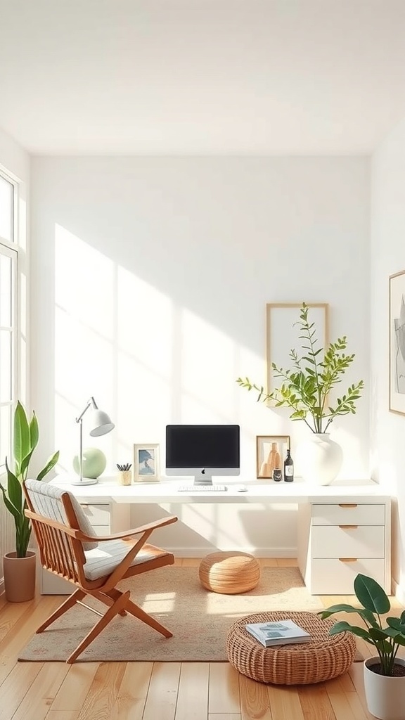 A minimalist home office with a desk, chair, plants, and natural light.