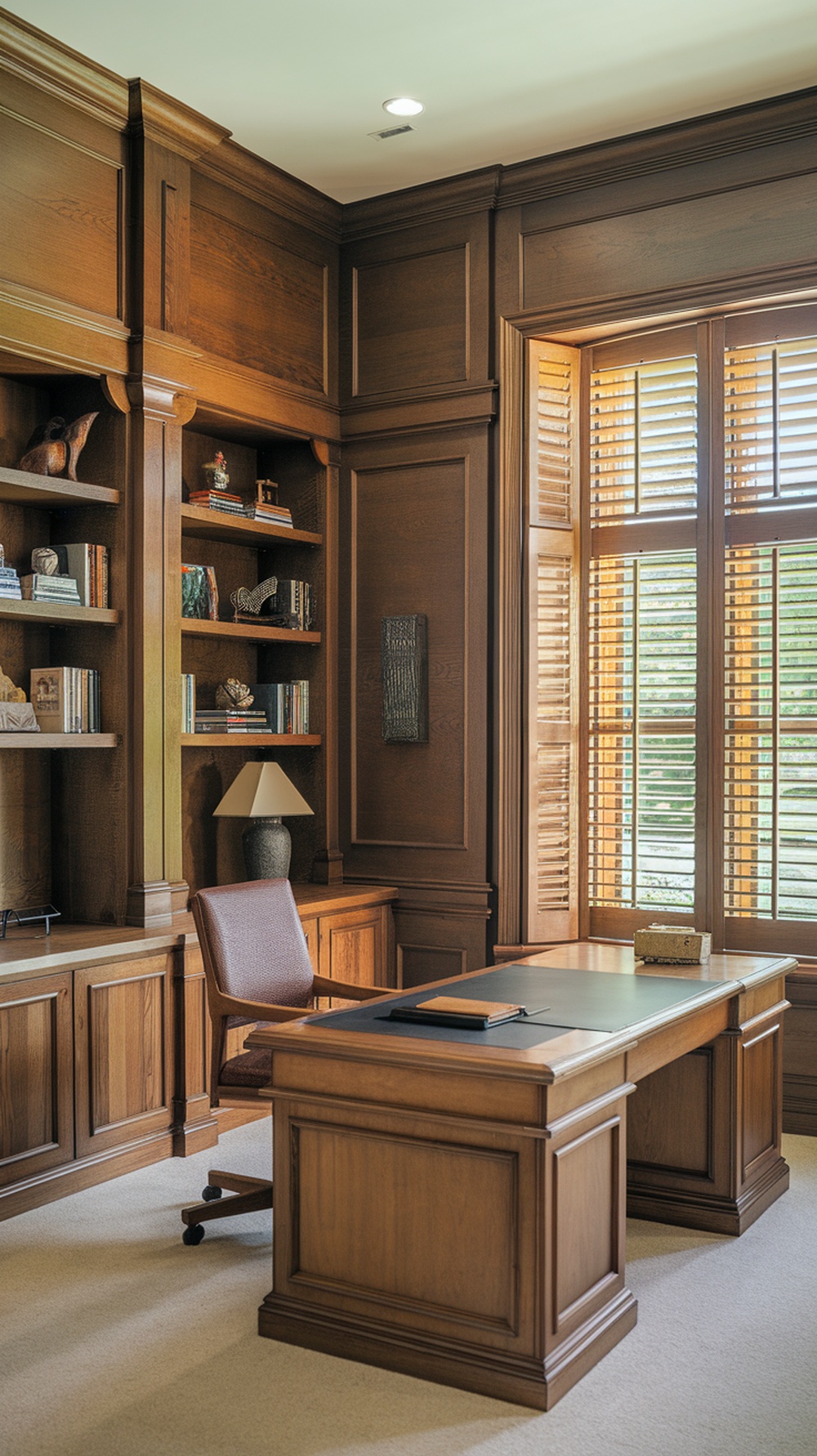 Artisan wooden wall display in an office with a leather chair and plants