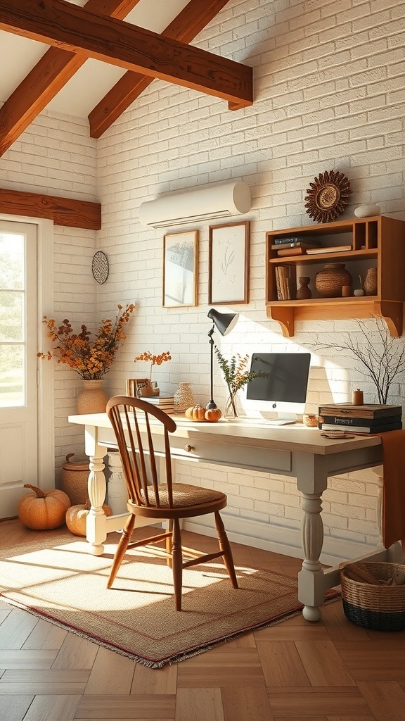 Cozy home office with light brown aesthetic and wooden accents
