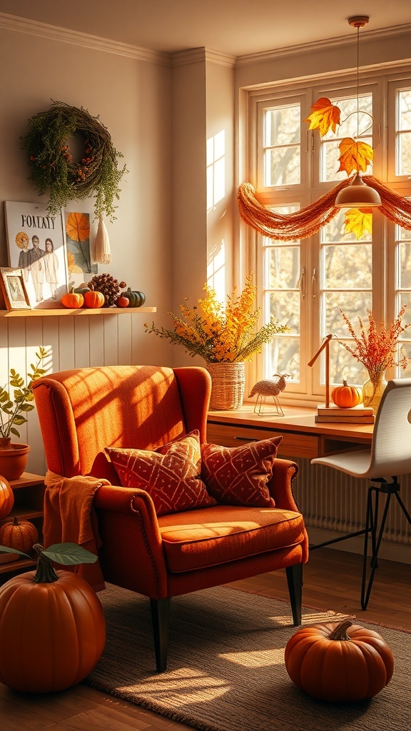 Cozy orange armchair with autumn decor in a bright workspace