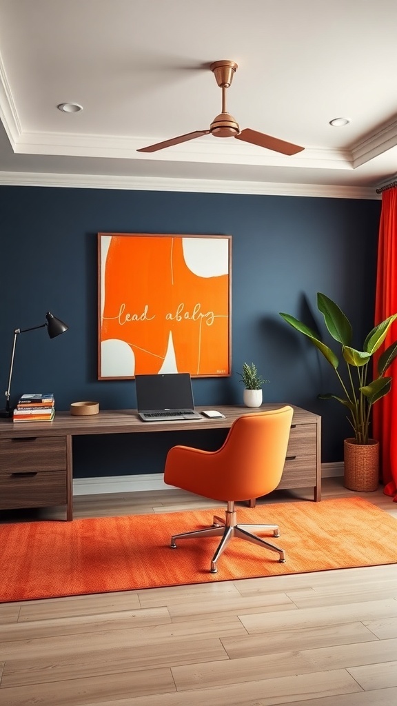 Home office featuring bold orange and navy color scheme with a desk, computer, and decorative pumpkins.