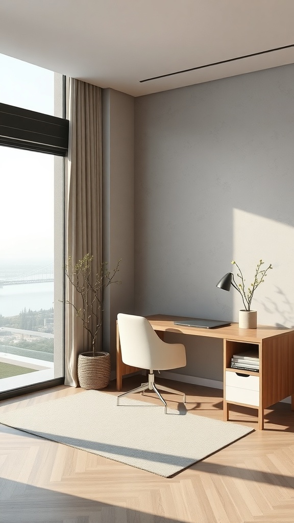 A modern minimalist home office with a wooden desk, chair, and large window offering a view.