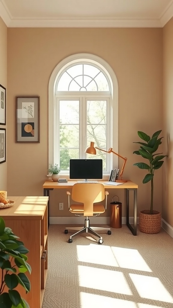 A cozy home office featuring beige walls, light brown furniture, and a bright green plant.