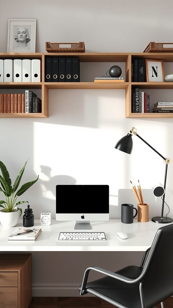 A modern minimalist home office setup with a clean desk, computer, and organized shelves.