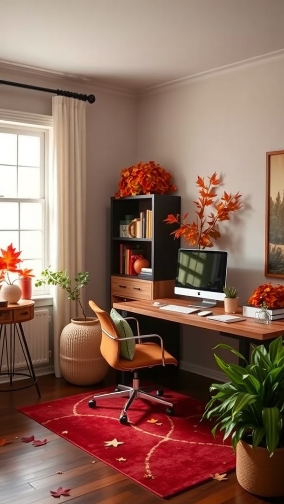 A cozy home office decorated with autumn accents, featuring orange leaves, a red rug, and plants.