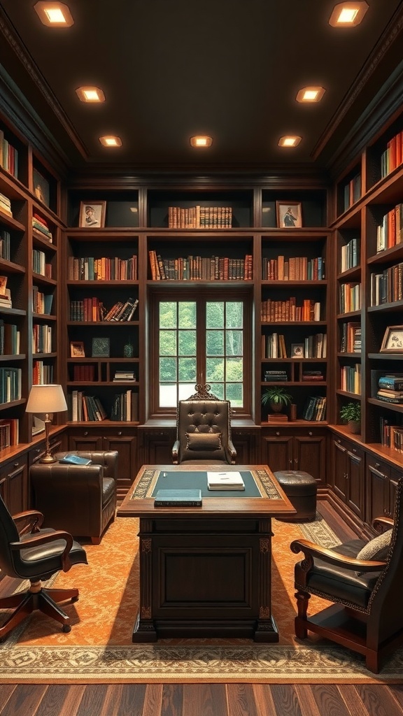 A luxurious executive office featuring a dark wooden desk, comfortable chairs, and a personal library filled with books.