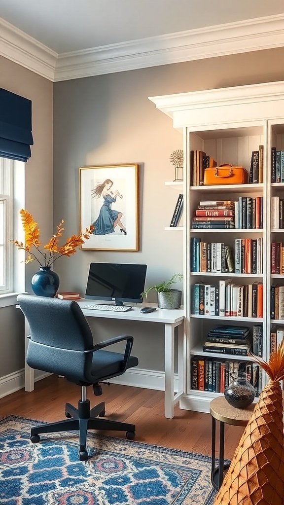 A cozy home office featuring navy blue curtains, a white desk, and a bookshelf filled with books.