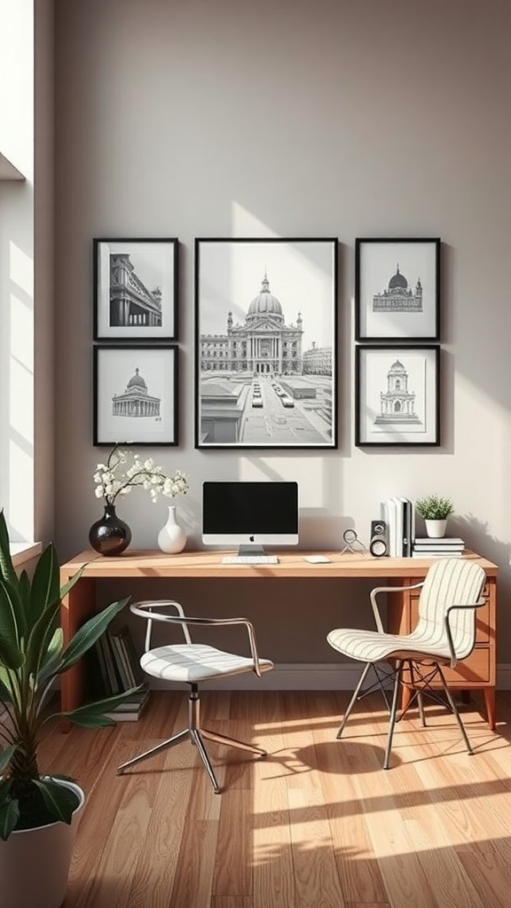 A minimalist home office featuring architectural wall art, a wooden desk, and modern chairs.