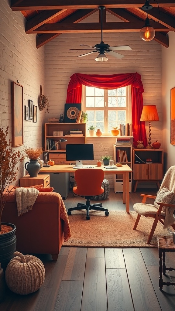 A cozy home office with autumn decor, featuring warm colors and seasonal accents.