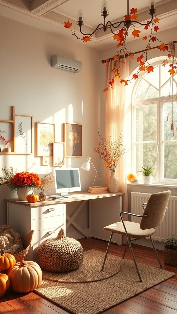 A cozy home office decorated for fall, featuring a minimal desk setup, pumpkins, and warm lighting.