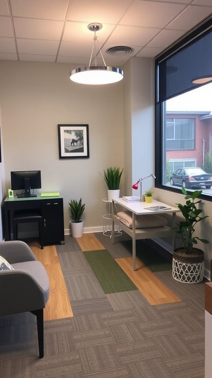 A colorful office space featuring a round table, vibrant seating, and pet-friendly decor.