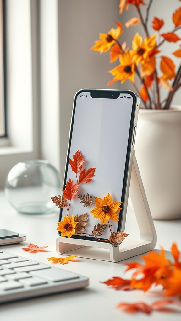 A fall-themed phone stand decorated with autumn leaves and sunflowers, placed on a desk with a keyboard and a vase of flowers.
