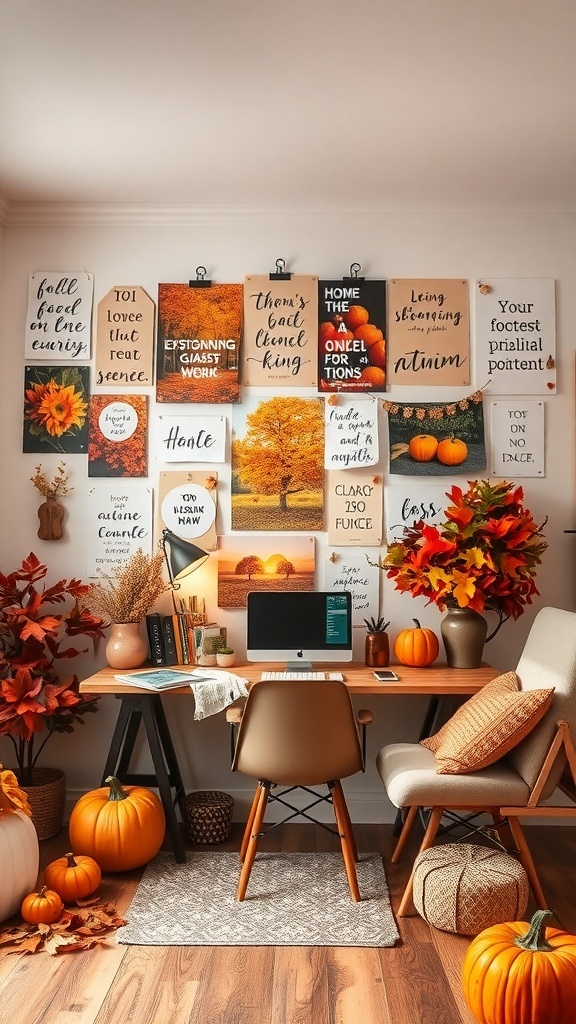 A cozy home office with an autumn-themed inspiration wall, featuring seasonal decor and a stylish desk.