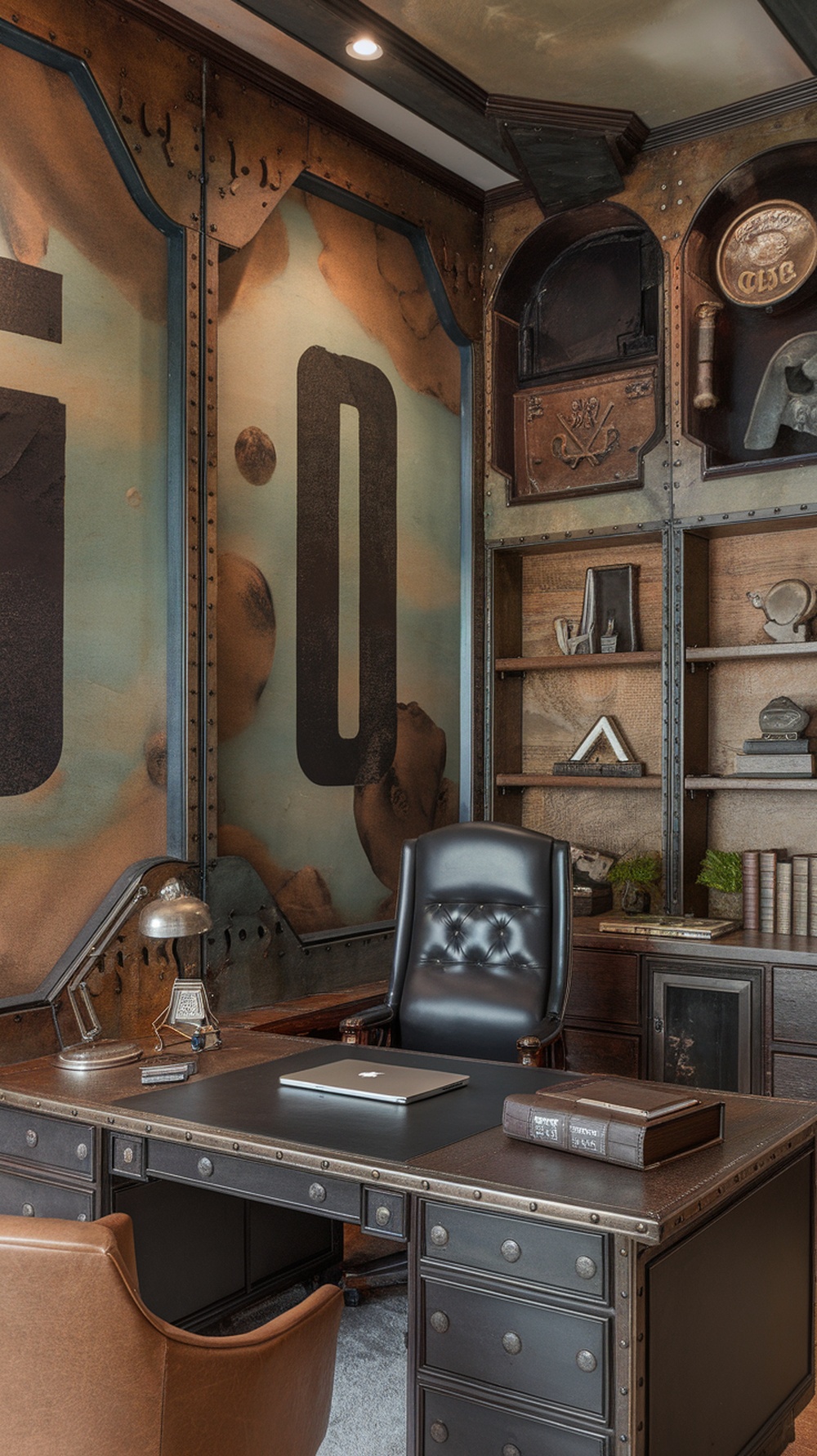 A masculine home office featuring vintage military decor with textured walls and a stylish desk.
