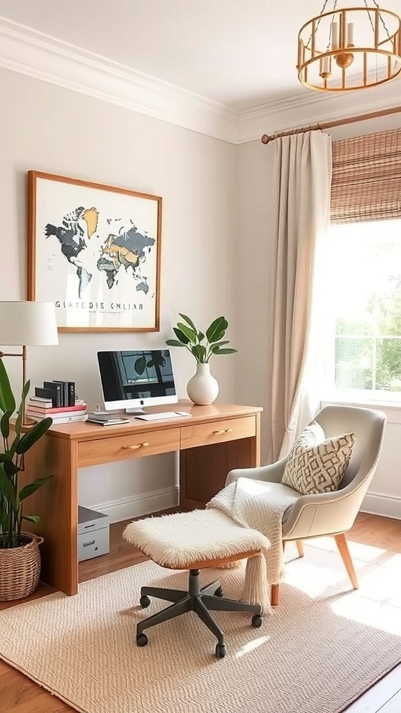 A cozy home office featuring soft almond colors with wooden furniture and warm decor.