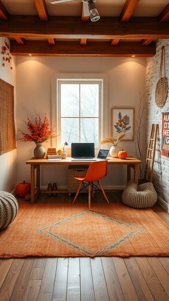 A cozy home office decorated for fall with wooden beams, an orange rug, pumpkins, and a floral arrangement.