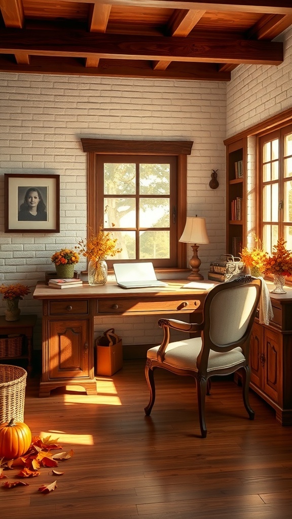 A cozy home office with deep mahogany furniture and cream walls, featuring a wooden desk, comfortable chair, and autumn decorations.