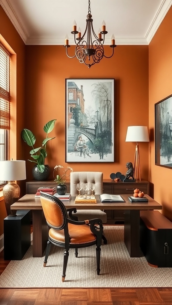 A cozy home office featuring burnt sienna walls, a wooden desk, pumpkins, and autumn decor.