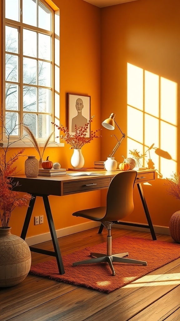 A cozy home office with saffron-colored walls, a stylish desk, and warm decor elements.