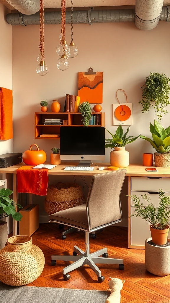 Cozy home office with warm colors, pumpkins, and autumn decor.