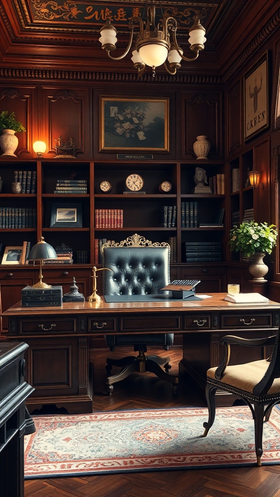 A classic wood executive desk in a luxurious office setting with bookshelves and elegant decor.