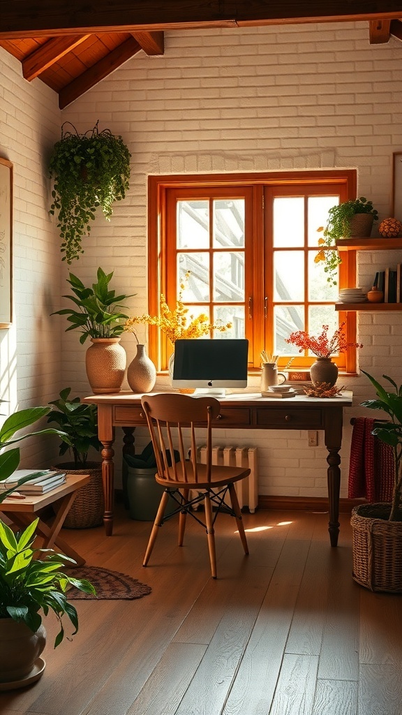 A cozy home office featuring a chocolate brown desk and forest green plants, with natural light illuminating the space.