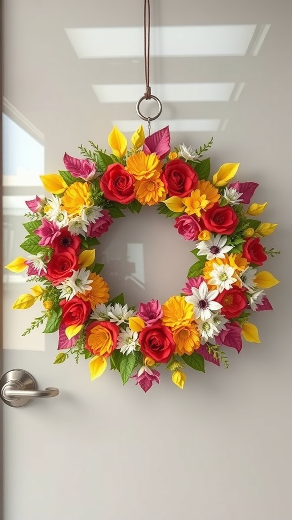 A colorful handmade summer wreath with red roses, yellow daisies, and pink flowers hanging on a door.