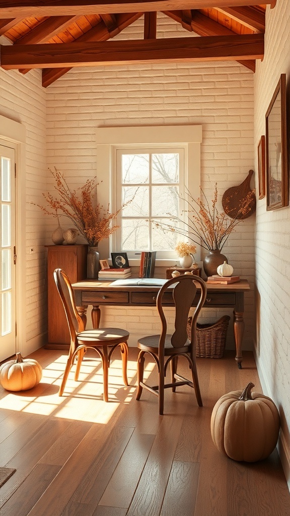 A cozy home office with sandy beige walls, dark brown furniture, and seasonal decorations.