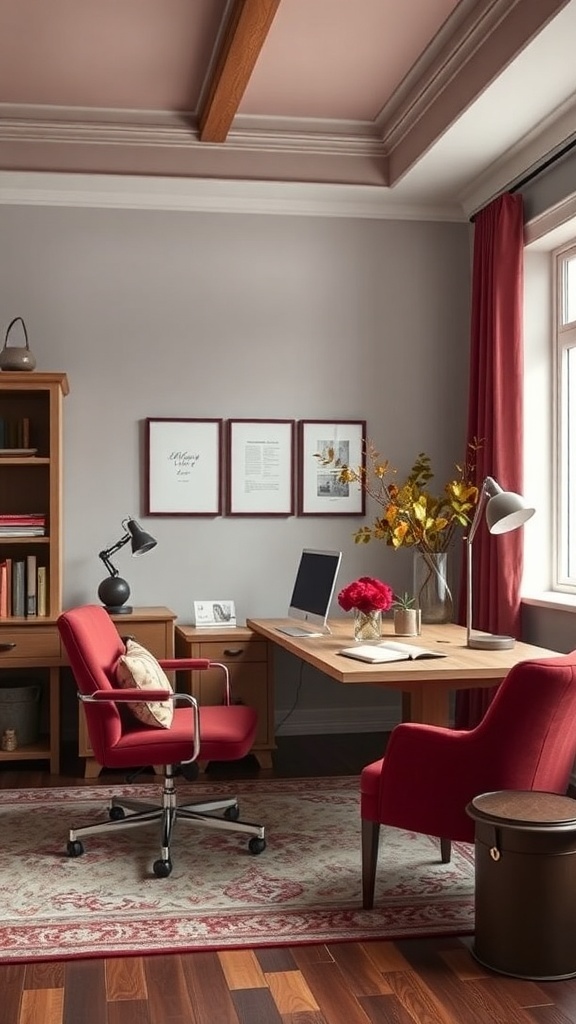 A cozy home office featuring deep cherry red accents in chairs and curtains, with a warm beige color palette.