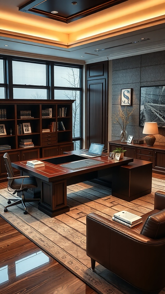 An executive L shaped desk with leather accents in a modern office setting.