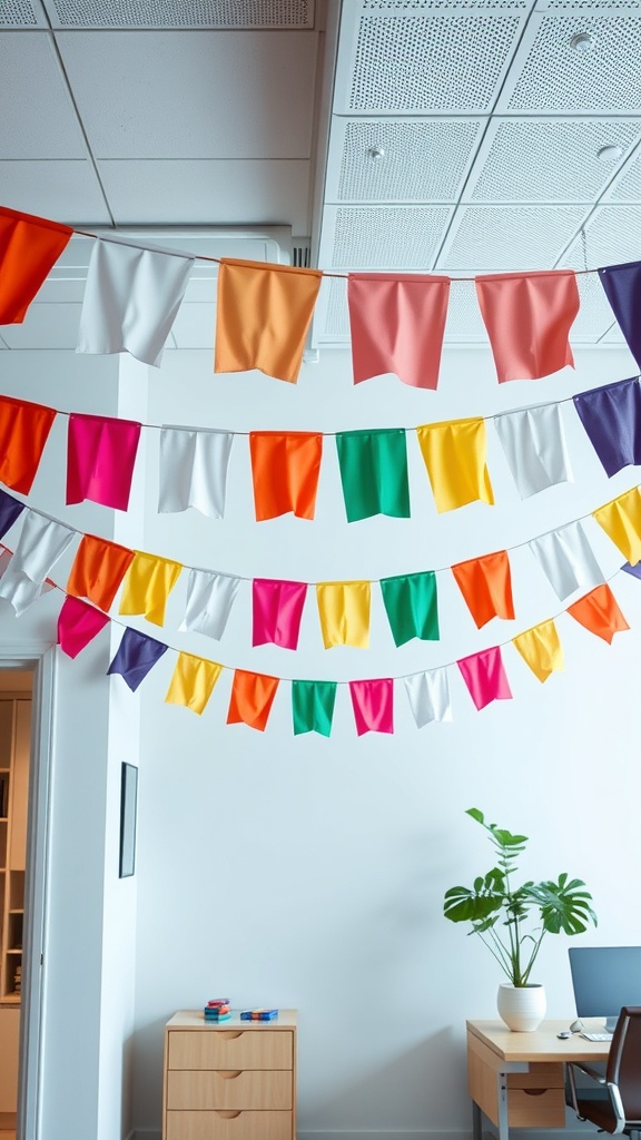 Colorful fabric banners hanging in an office space