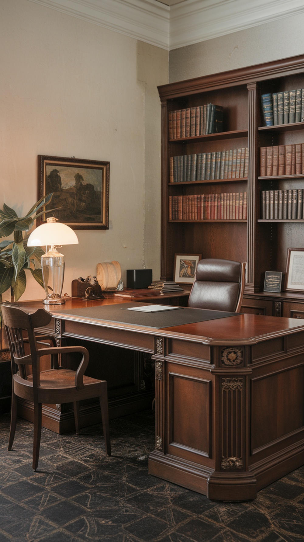 Traditional mahogany L shaped executive desk in an elegant office setting