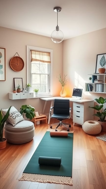A colorful wellness room with orange couches, yoga mats, and large windows letting in natural light.